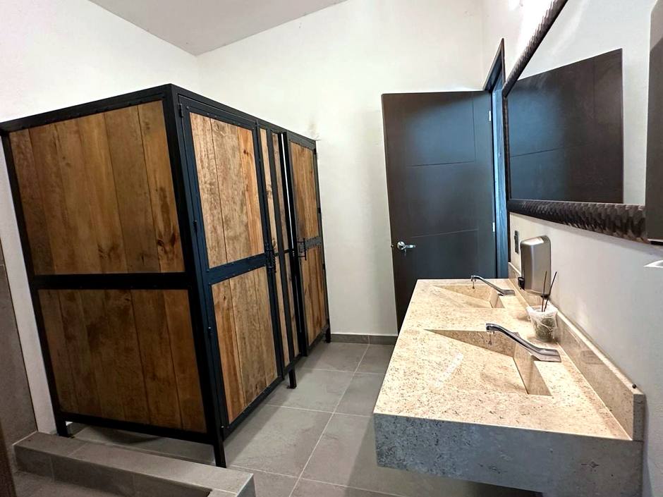 Sanitarios con acabados de madera y cantera